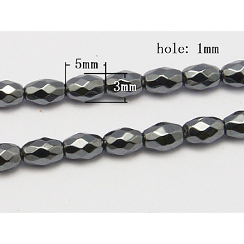 Non-Magnetic Synthetic Hematite Beads Strands, Faceted, Oval, Black, Size: about 3mm in diameter, 5mm long, hole: 1mm, 82pcs/strand, 16.13 inch