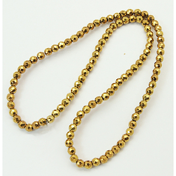 Non-Magnetic Synthetic Hematite Beads Strands, Faceted, Round, Golden Plated, 3.5x4mm, Hole: 1mm, about 104pcs/strand, 7.7 inch