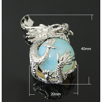 Opalite Pendants, with Alloy Findings, Round, Platinum, 32x20~22mm, Hole: 6.5x4mm