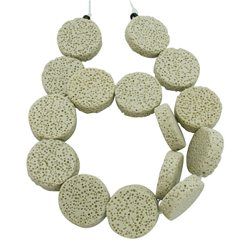 Natural Lava Rock Beads Strands, Dyed, Flat Round, Beige, about 20~21mm in diameter, 6mm thick, hole: 1mm, about 19 pcs/strand, 15 inch
