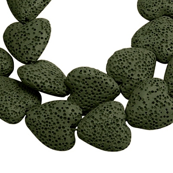 Dyed Natural Lava Rock Bead Strands, Heart, Dark Olive Green, 20~21x20~21x7~8mm, Hole: 1mm, about 20pcs/strand, 15.55 inch