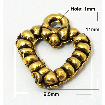 Tibetan Style Charms, Lead Free and Cadmium Free, Heart, Antique Golden, about 9.5mm wide, 11mm long, hole: 1mm