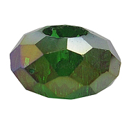 Glass European Beads, Large Hole Beads, No Metal Core, Faceted, Rondelle, Green, 14x8mm, Hole: 5mm(GDA010-C4)