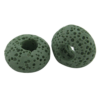 Lava Rock Gemstone European Beads, Large Hole Beads, No Metal Core, Rondelle, Green, 15~16.5x9~10mm, Hole: 5mm