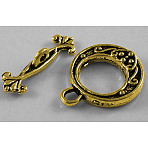 Tibetan Style Alloy Toggle Clasps, Cadmium Free & Nickel Free & Lead Free, Antique Golden, Round: 19.5x16mm, Bar: 21mm, Hole: 1.5mm(GLF1081Y-NF)