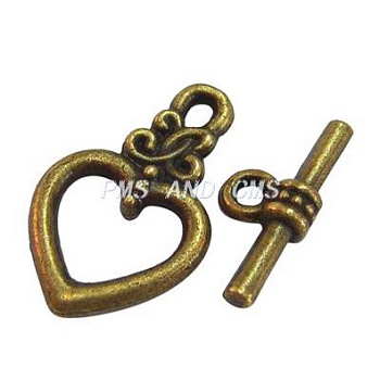 Tibetan Style Toggle Clasps, Lead Free and Cadmium Free, Heart, Antique Golden Color, Heart: 21mm long, 13mm wide, hole: 2mm, Bar: 16.5mm long, hole: 1.5mm