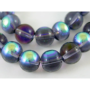 Round Glass Beads Strands, Medium Purple, AB Color Plated, bead: 8mm in diameter, hole: 1mm, about 14 inch/strand, about 42pcs/strand