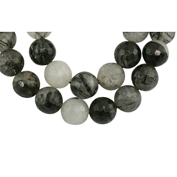 Gemstone Beads Strands, Natural Tourmalinated Quartz, Faceted(128 Facets) Round, about 10mm in diameter, hole: 1mm, 44pcs/strand, 15'