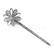 Iron Hair Bobby Pin Findings, Flower, Nickel Free, Platinum, 59x20mm(IFIN-ZX9014-N-NF)