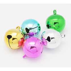 Brass Bell Pendants, Christmas Bauble, Round, Mixed Color, Size: about 25mm in diameter, 30mm long, hole: 2mm(IFIN-Q055-M)