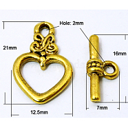 Tibetan Style Toggle Clasps, Cadmium Free & Nickel Free & Lead Free, Heart, Antique Golden, Heart: 21x13mm, hole: 2mm, Bar: 16.5mm long, hole: 1.5mm(K086H032)