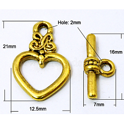 Tibetan Style Toggle Clasps, Cadmium Free & Nickel Free & Lead Free, Heart, Antique Golden, Heart: 21x13mm, hole: 2mm, Bar: 16.5mm long, hole: 1.5mm(K086H032)