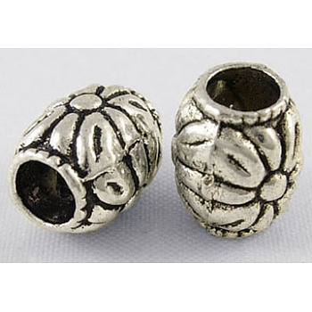 Tibetan Style Alloy Beads, Cadmium Free & Lead Free, Barrel with Flower, Gunmetal, 8.5x10.5mm, Hole: 4.5mm