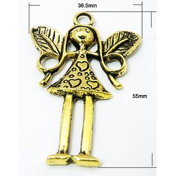 Tibetan Style Alloy Pendants, Fairy, Cadmium Free & Nickel Free & Lead Free, Antique Golden, 58x34x5mm, Hole: 4mm