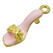 Brass Enamel Pendants, High-Heeled Shoes, Golden Metal Color, Pink, 7x23x6mm, Hole: 2mm(KK-23X7-3)