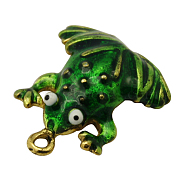 Brass Enamel Pendants, Frog, Golden Color, Green, Size: about 15mm wide, 17mm long, hole: 1.5mm(KK-A029-1)
