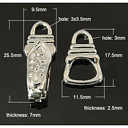 Brass Fold Over Clasps, Platinum, Size: about 25.5mm long, 9.5mm wide, 7mm thick, hole: 3x3.5mm; about 17.5mm long, 11.5mm wide, 2.5mm thick, hole: 3mm(KK-H406-P)