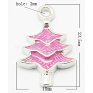 Brass Enamel Pendants, Lead Free and Nickel Free, Christmas Tree, Platinum Color, Hot Pink, 23.5x15x3mm, Hole: 2mm(KK-Q213-1-FF)