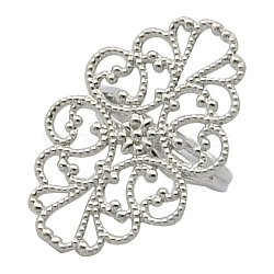 Brass Ring Components, Adjustable Filigree Ring Components, Lead Free, Platinum Color, Size: Ring: about 17mm inner diameter, Tray: about 20mm wide, 32mm long, 1mm thick(KK-H060-P)