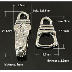 Brass Fold Over Clasps, Platinum, Size: about 25.5mm long, 9.5mm wide, 7mm thick, hole: 3x3.5mm, about 17.5mm long, 11.5mm wide, 2.5mm thick, hole: 3mm(KK-H406-P)