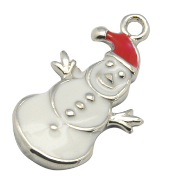 Brass Enamel Pendants, for Christmas, Snowman, Platinum, White, about 13mm wide, 23mm long, 2mm thick, hole: 2mm