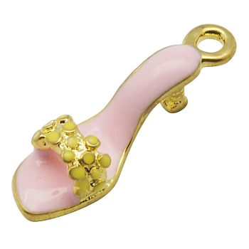 Brass Enamel Pendants, High-Heeled Shoes, Golden Metal Color, Pink, 7x23x6mm, Hole: 2mm