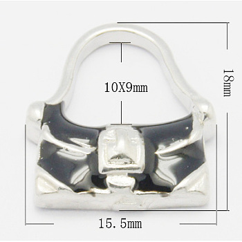 Brass Enamel Pendants, Lead Free & Nickel Free, Handbag, Platinum Color, Black, 18x15.5x4mm, Hole: 9x10mm