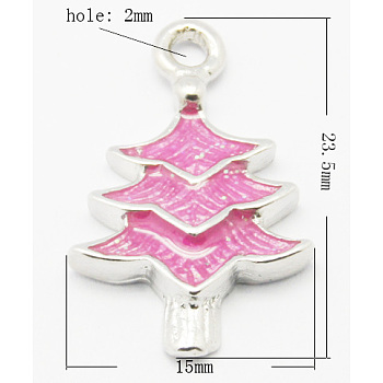 Brass Enamel Pendants, Lead Free and Nickel Free, Christmas Tree, Platinum Color, Hot Pink, 23.5x15x3mm, Hole: 2mm