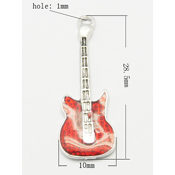 Brass Enamel Pendants, Lead Free & Nickel Free, Guitar, Platinum Color, Red, Size: about 28.5mm long, 10mm wide, 2mm thick, hole: 1mm