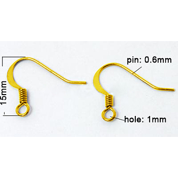 Brass French Earring Hooks, with Horizontal Loop, Flat Earring Hooks, Golden, 15mm wide, 22 Gauge, Pin: 0.6mm, Hole: 1mm