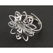 Adjustable Brass Filigree Ring Bases, Platinum Color, Nickel Free, Ring: 18~19mm in diameter, 1mm thick; Tray: about 19mm in diameter, 0.5mm thick, hole: about 18mm(KK442-NF)