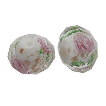 Handmade Gold Sand Lampwork Beads, Inner Flower, Faceted, Rondelle, White, about 8mm in diameter, 6mm thick, hole: 1.5mm