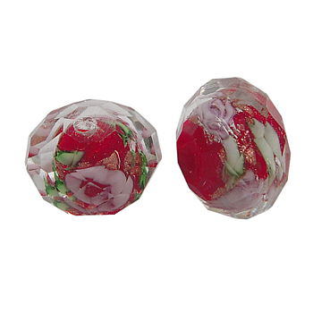 Handmade Gold Sand Lampwork Beads, Inner Flower, Faceted, Rondelle, Red, about 10mm in diameter, 8mm thick, hole: 1.5mm