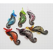 Handmade Inner Flower Lampwork Big Pendants, with Gold Sand, Sea Horse, Mixed Color, Size:about 24mm wide, 64mm long, 10.5mm thick, hole: 6mm(LAMP-A141-M)