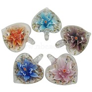 Handmade Lampwork Pendants, with Inner Flower and Gold Sand, Heart, Mixed Color, Size: about 32mm wide, 38mm long, hole: 5mm(LAMP-X219-M)