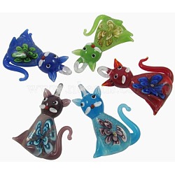 Handmade Luminous Lampwork Kitten Pendants, with Inner Flower, Cartoon Cat Shape, Mixed Color, 35x54mm(LAMP-Y060-M)