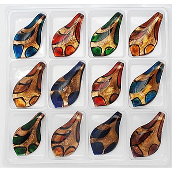 Handmade Gold Sand Lampwork Big Pendants, Leaf, Mixed Color, Size: about 61mm long, 33mm wide, 11mm thick, hole: 9mm, 12pcs/box
