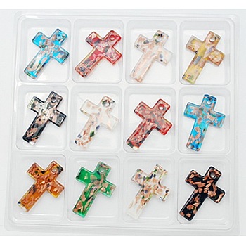 Handmade Gold Sand Lampwork Pendants, Cross, Mixed Color, Size: about 50mm long, 35mm wide, 6mm thick, hole: 4mm, 12pcs/box