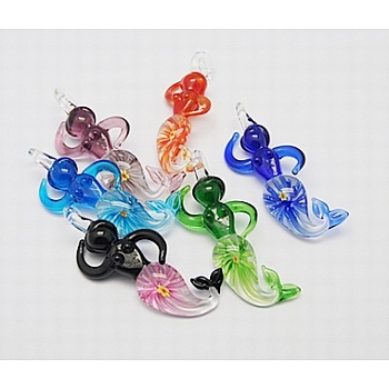 Handmade Inner Flower Lampwork Big Pendants, Mermaid, Mixed Color, Size: about 33mm wide, 62mm long, 14mm thick, hole: 6mm