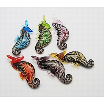 Handmade Inner Flower Lampwork Big Pendants, with Gold Sand, Sea Horse, Mixed Color, Size:about 24mm wide, 64mm long, 10.5mm thick, hole: 6mm