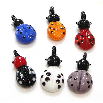 Handmade Lampwork Pendants, Ladybug, Mixed Color, Size: about 19~24mm wide, 42~49mm long, 9~10mm thick, hole: 2.5~4.5mm