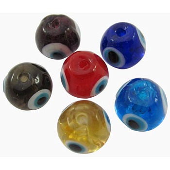 Handmade Lampwork Beads, Round with Evil Eye, Colorful, 10mm, Hole: 2mm