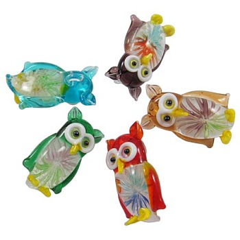 Handmade Lampwork Pendants, with Inner Flower, for Halloween, Owl, Mixed Color, 23x39mm