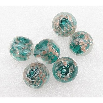 Handmade Lampwork Beads, with Gold Sand, Round, Cyan, Size: about 12mm in diameter, hole: 2mm