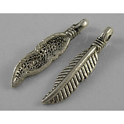 Tibetan Style Alloy Pendants, Feather, Cadmium Free & Nickel Free & Lead Free, Antique Silver, 4x2mm, Hole: 1.5mm(LF0127Y-NF)