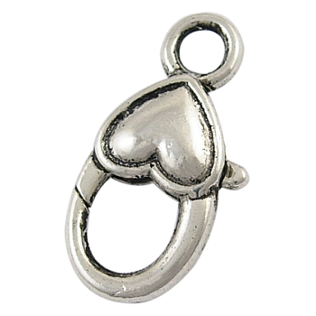Tibetan Silver Clasps, Heart Lobster Claw Clasp, Cadmium Free & Nickel Free & Lead Free, Antique Silver, 27x14x6mm, Hole: 3.5mm