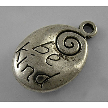 Tibetan Style Alloy Oval Carved Word Be Kind Message Pendants, Antique Silver, Lead Free & Cadmium Free, 20x13x5mm, Hole: 2mm