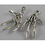 Tibetan Style Alloy Skeleton Hand Pendants for Halloween, Antique Silver, Lead Free & Cadmium Free & Nickel Free, 32x19x3mm, Hole: 2mm(LF1287Y-NF)