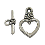 Tibetan Style Toggle Clasps,  Lead Free, Cadmium Free and Nickel Free, Heart, Antique Silver, Heart: 21mm long, 13mm wide, hole: 2mm, Bar: 16.5mm long, hole: 1.5mm(LF1526Y-NF)