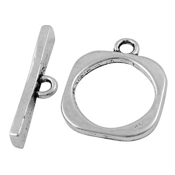 Tibetan Style Toggle Clasps, Square, Lead Free, Cadmium Free and Nickel Free, Antique Silver, about 18mm long, 18mm wide, Bar: 25mm long, hole: 2.5mm